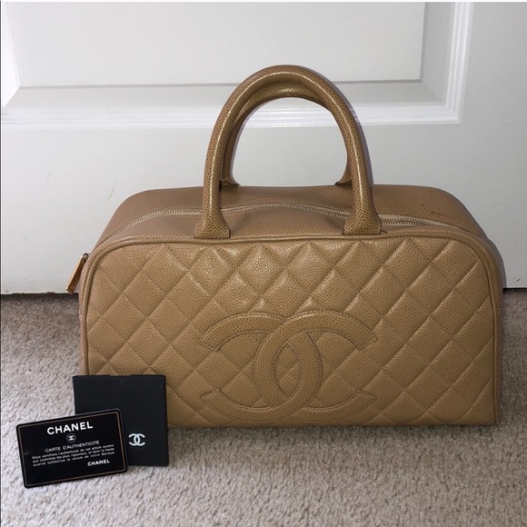 Authentic Chanel Quilted Camel Bag With CC Logo - Picture 1 of 8